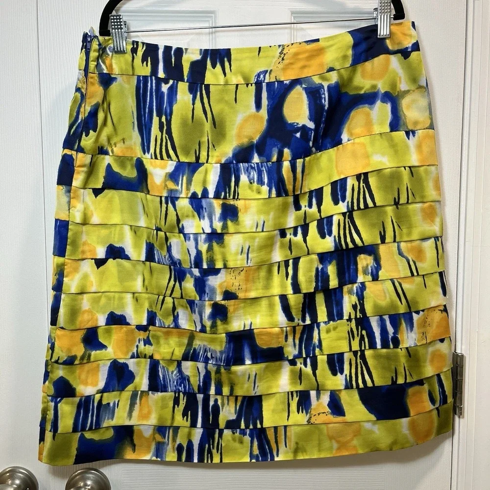 Calvin Klein Tiered A-Line Skirt Women's 16 Blue Yellow Printed Lined Floral
